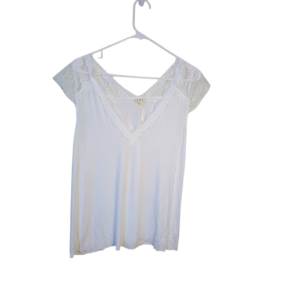 POL Women's S White V-neck Delicate Lace Insert Raw Hemline Sleeveless Tee Top
